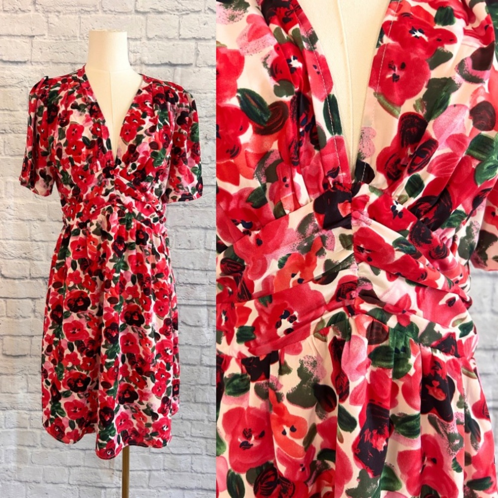 Romantic Floral Mini Dress Red & Pink Roses Empire Waist Pleating Fall Wedding